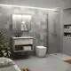 Badezimmeransicht mit modernen Sanitäreinrichtungen, einschließlich einer Wandarmatur und einem Waschbecken von Ideal Standard, duschbereich und WC, graue Hexagonfliesen.